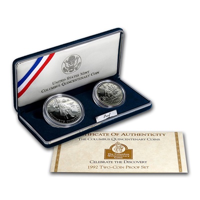 1992 Columbus Quincentenary 2-Coin USA $ Silver Proof Set